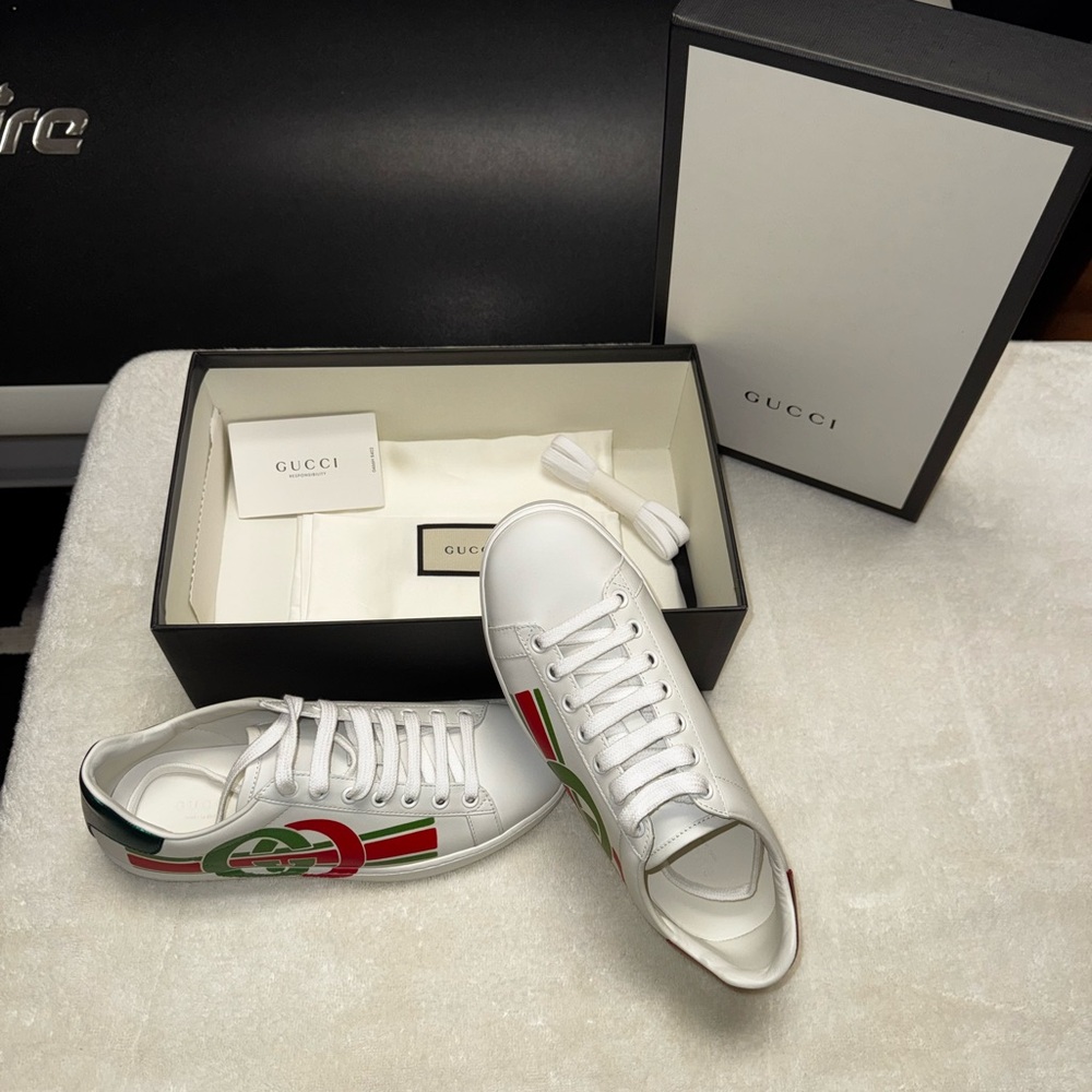 Women Gucci White Leather Sneakers with Red and Green interlocking G Stripes
